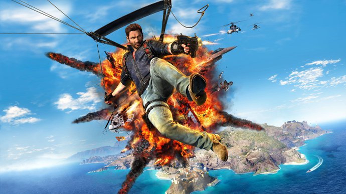 Главный герой игры Just Cause 3, выход которой состоится в декабре 2015 года, неизменный Рико, парит на парашюте, уклоняясь от ракет.
