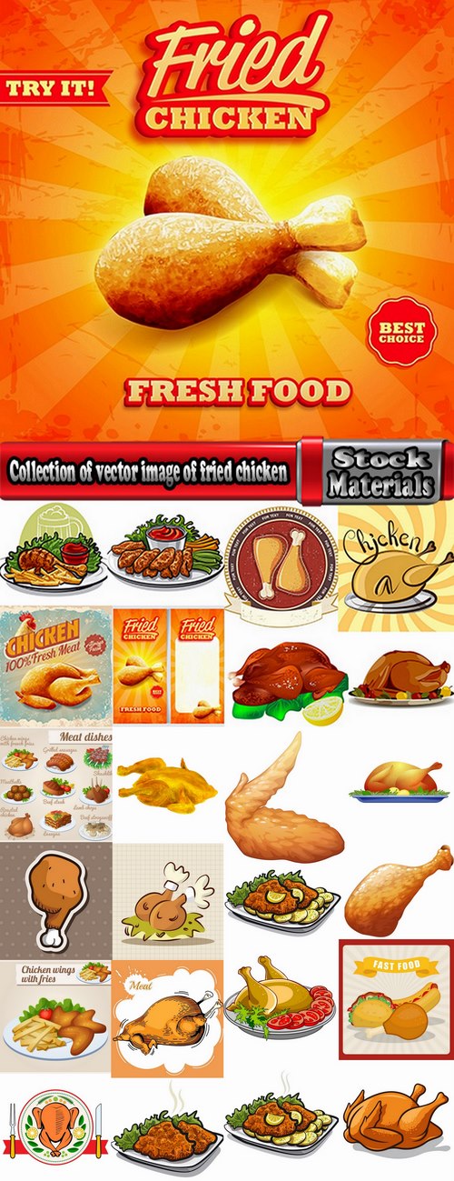 Collection of vector image of fried chicken chick BBQ Grill 25 EPS