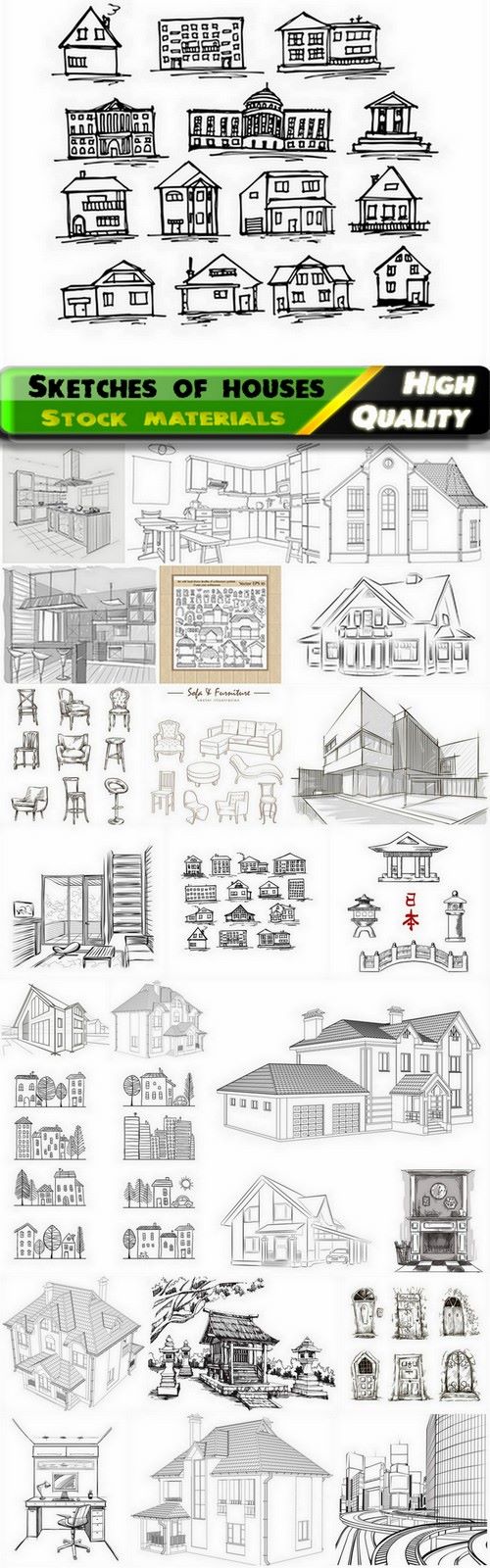 Sketches and drawings of houses and buildings - 25 Eps
