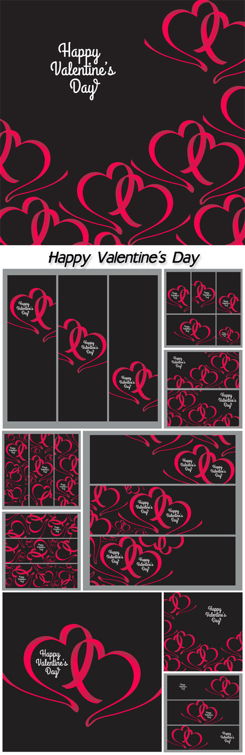 Valentines day, abstract cards with ribbon hearts and background