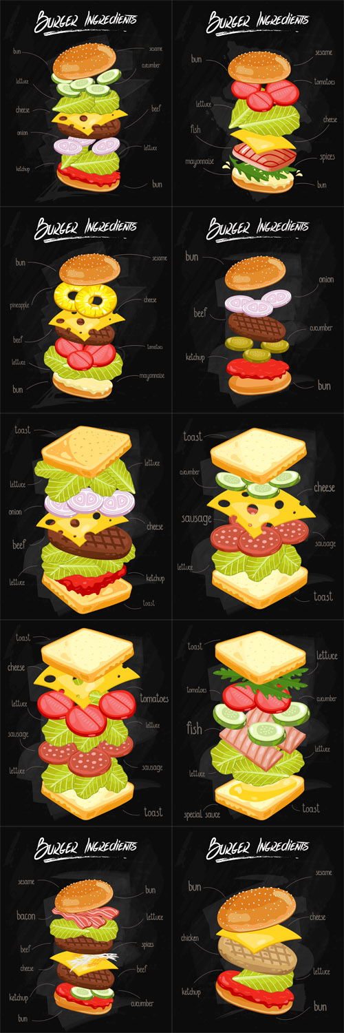 Sandwich, Burger Ingredients on Chalkboard - Vectors