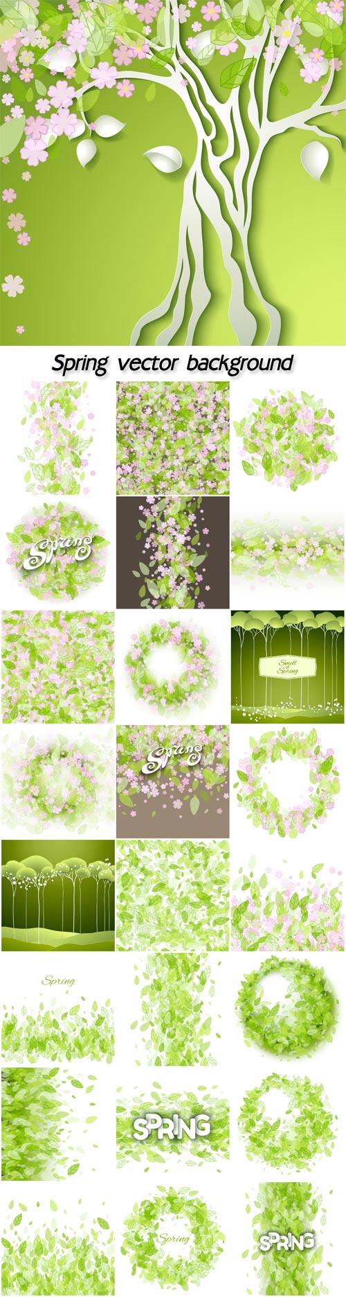 Spring vector background with green leaves and flowers