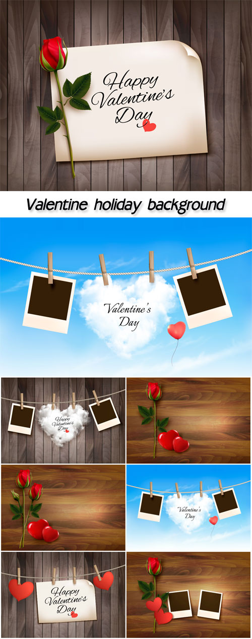 Retro valentine's day background with red rose and hearts on wooden texture