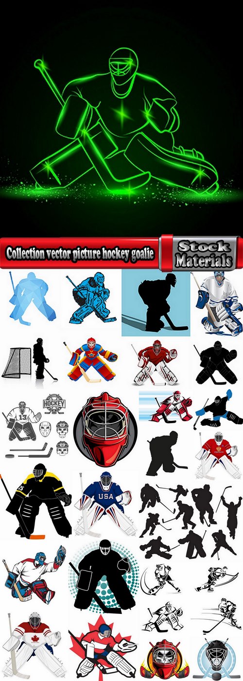 Collection vector picture hockey goalie stick goalkeeper puck gates 25 EPS