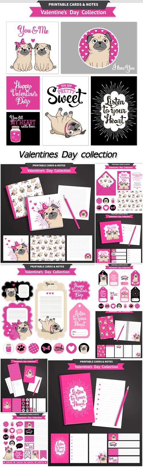 Valentines day printable set with funny pugs