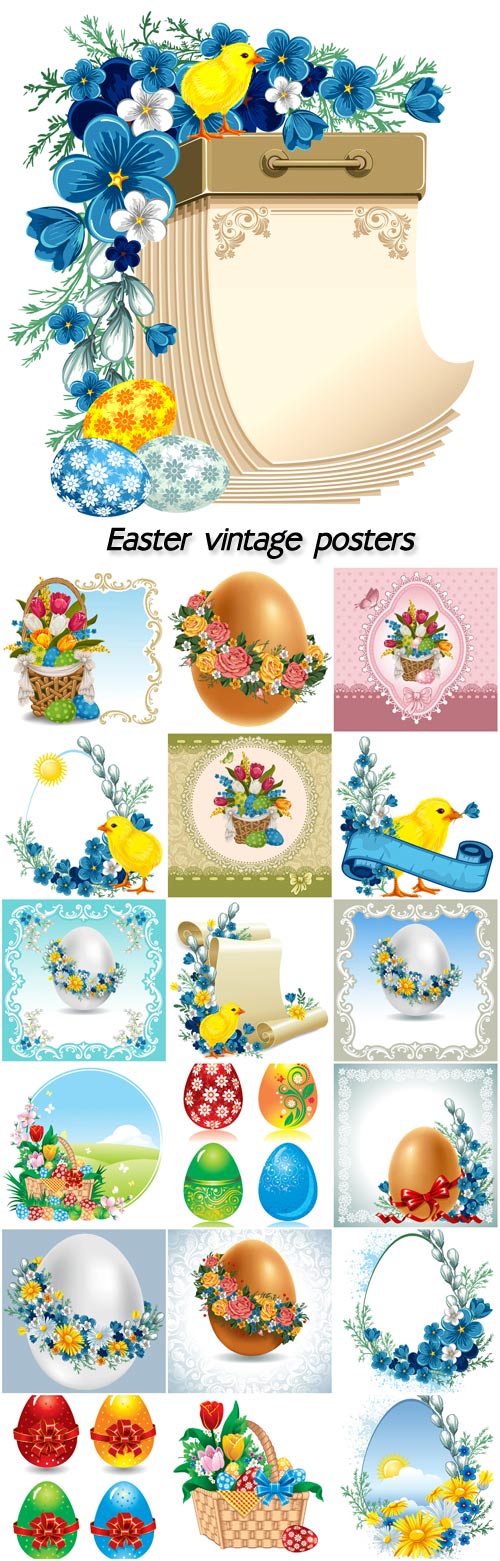 Easter vintage posters vector, baskets of flowers, chick, easter eggs