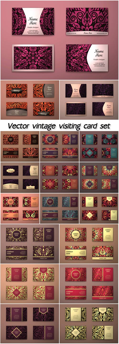 Vector vintage visiting card set, floral mandala pattern