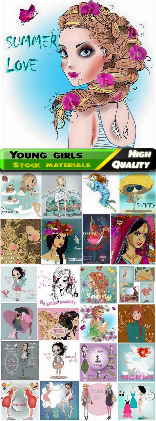 Sketches and illustrations of cute young girls - 25 Eps