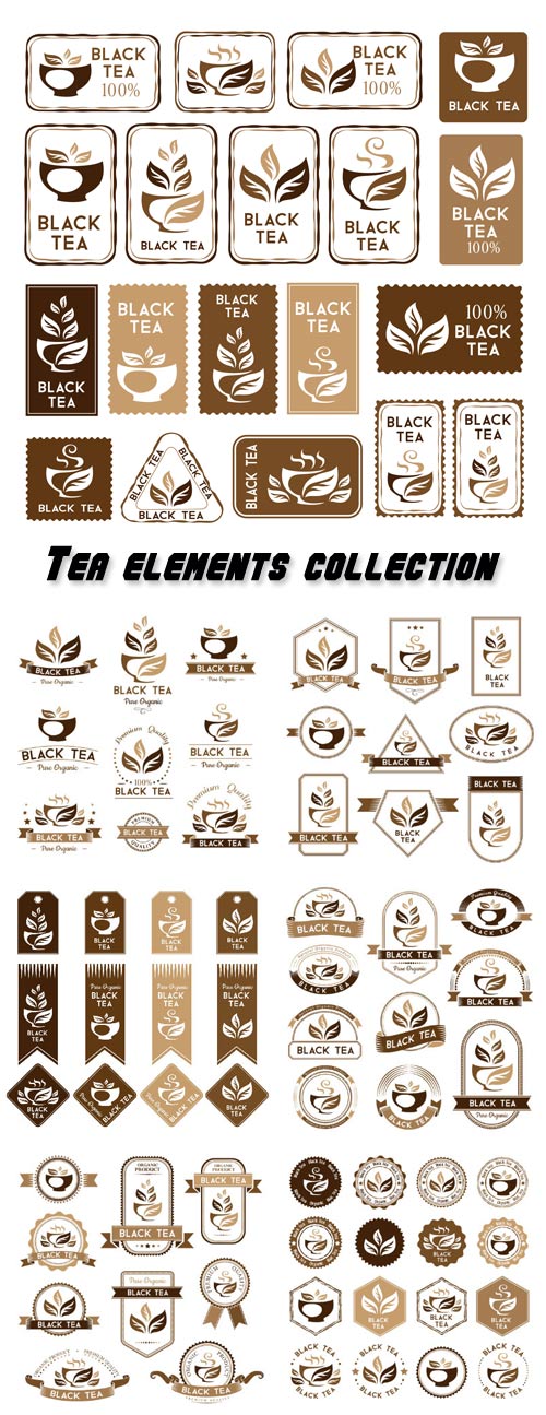 Tea, black tea package elements, stickers and banners collection