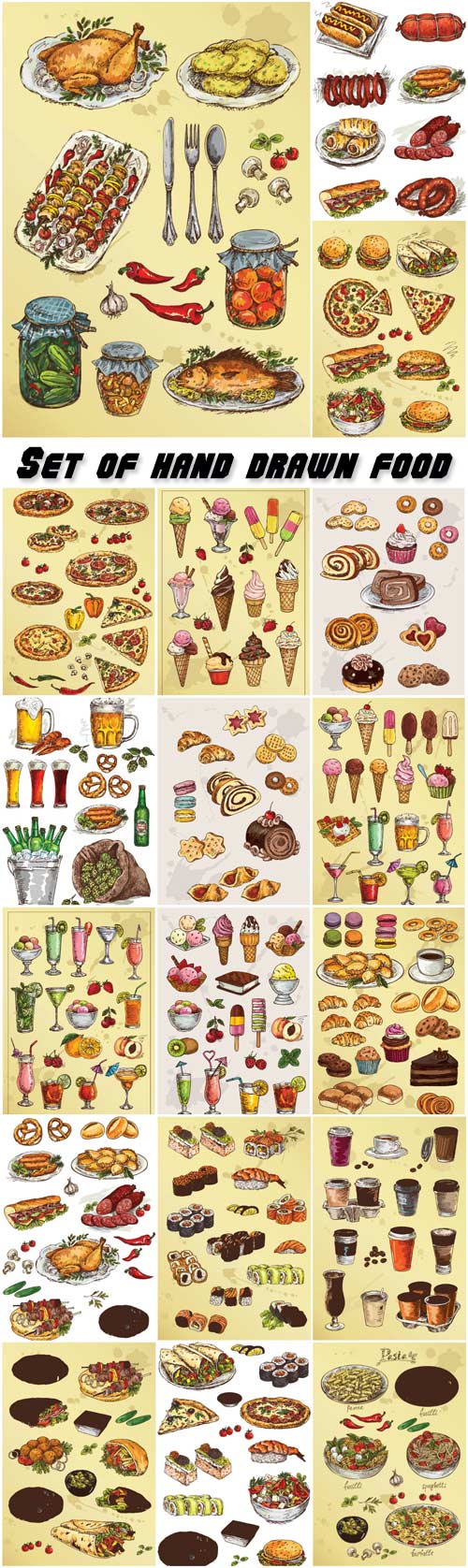 Set of hand drawn food, cakes and cookies