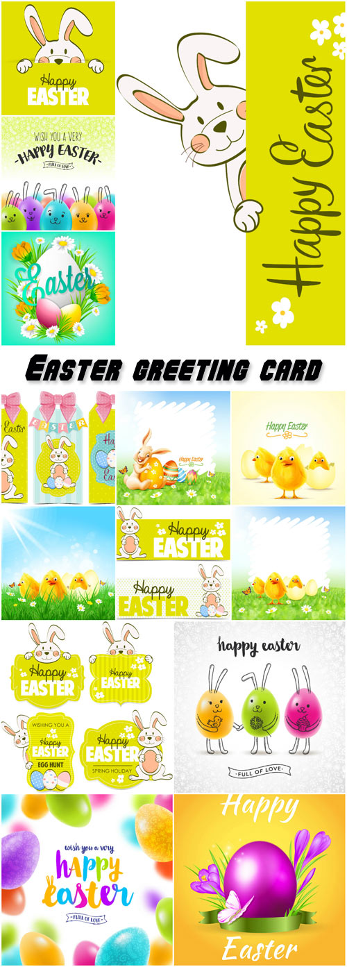 Easter greeting card with eggs and hand drawn rabbits