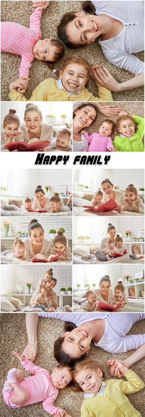 Happy family, mother reading a book