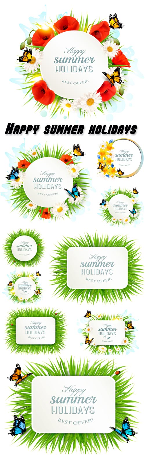 Happy summer holidays banner with grass and butterflies
