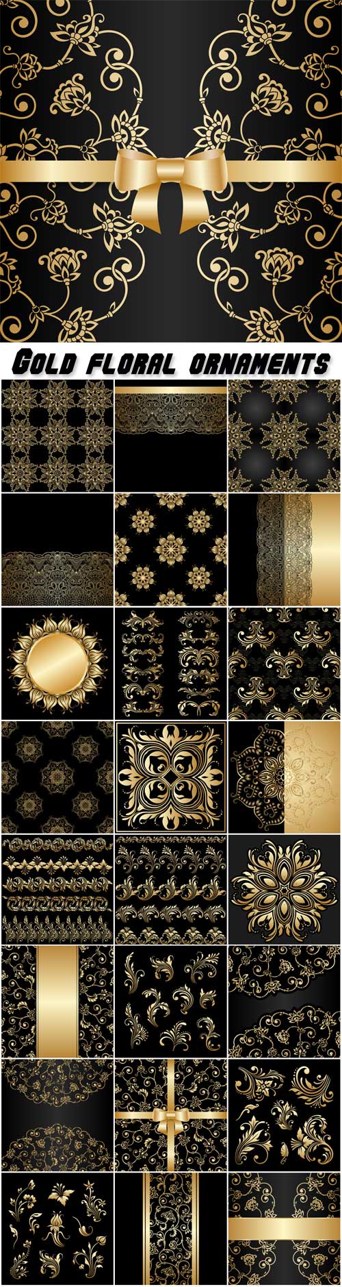 Gold floral ornaments, vector black background