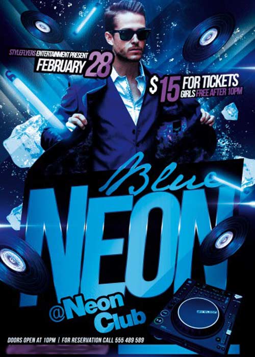 Blue Neon V2 Party Flyer PSD Template + Facebook Cover