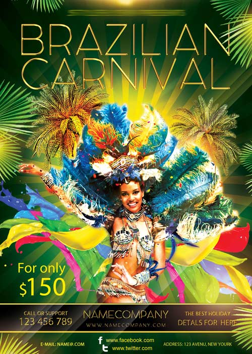 Brazilian Carnival Travel V5 Flyer PSD Template + Facebook Cover