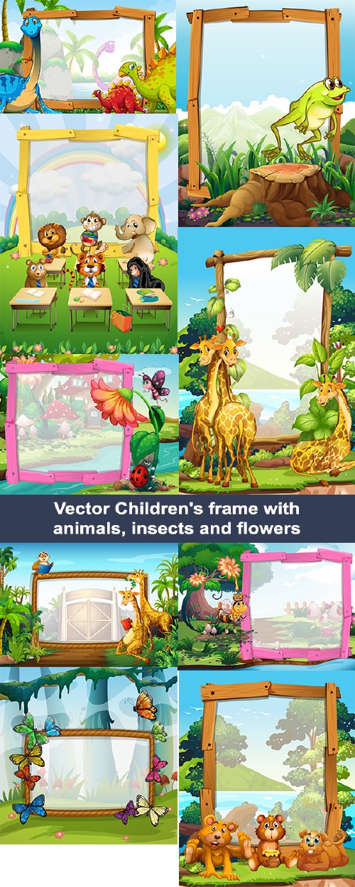 Векторные детские рамки с животными, насекомыми и цветами