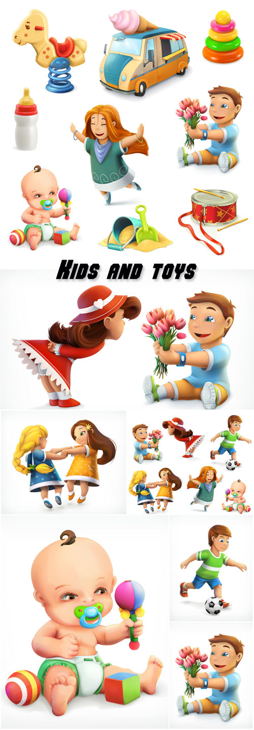 Kids and toys, set of vector icons